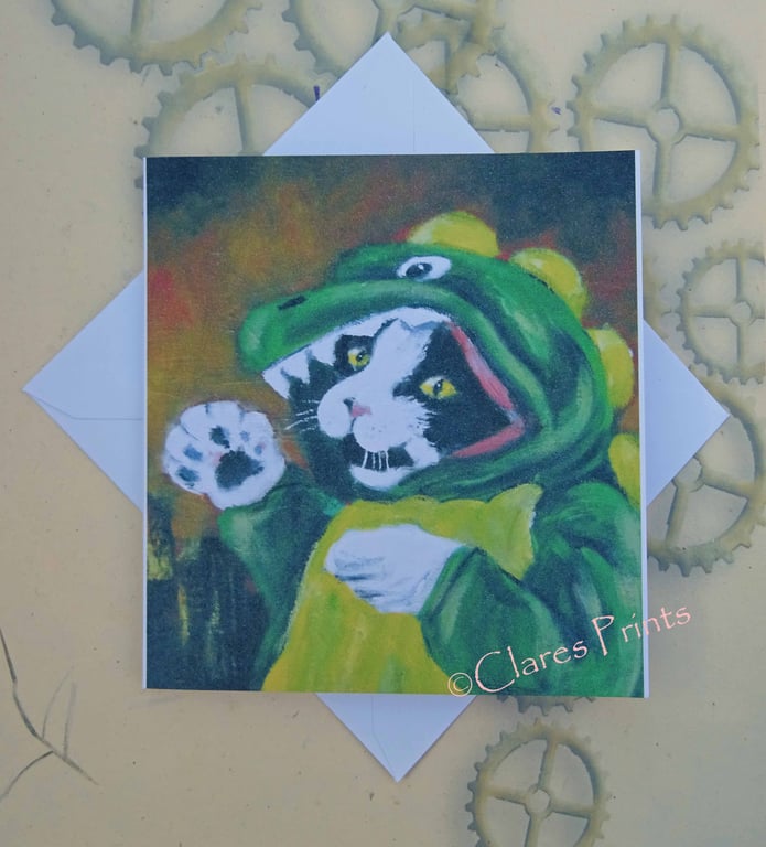 Catzilla Godzilla Cat Art Greeting Card From my Original Painting