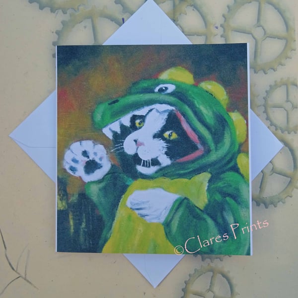 Catzilla Godzilla Cat Art Greeting Card From my Original Painting