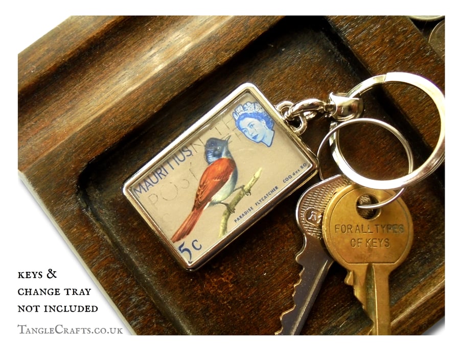 Paradise Flycatcher Keyring - upcycled postage stamp from Mauritius