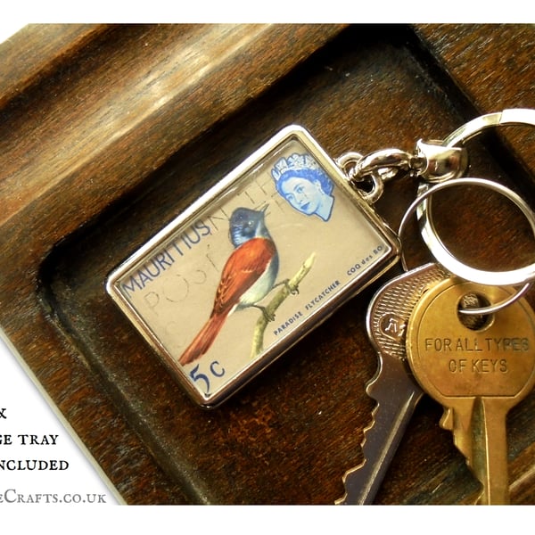 Paradise Flycatcher Keyring - upcycled postage stamp from Mauritius