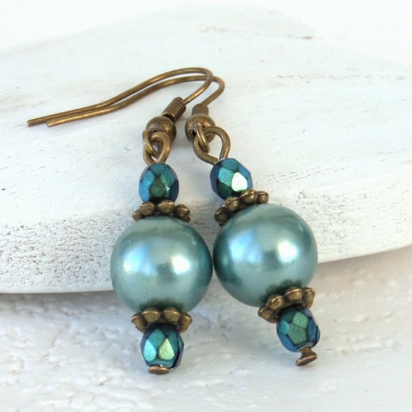 Teal green shell pearl and crystal bronze earrings