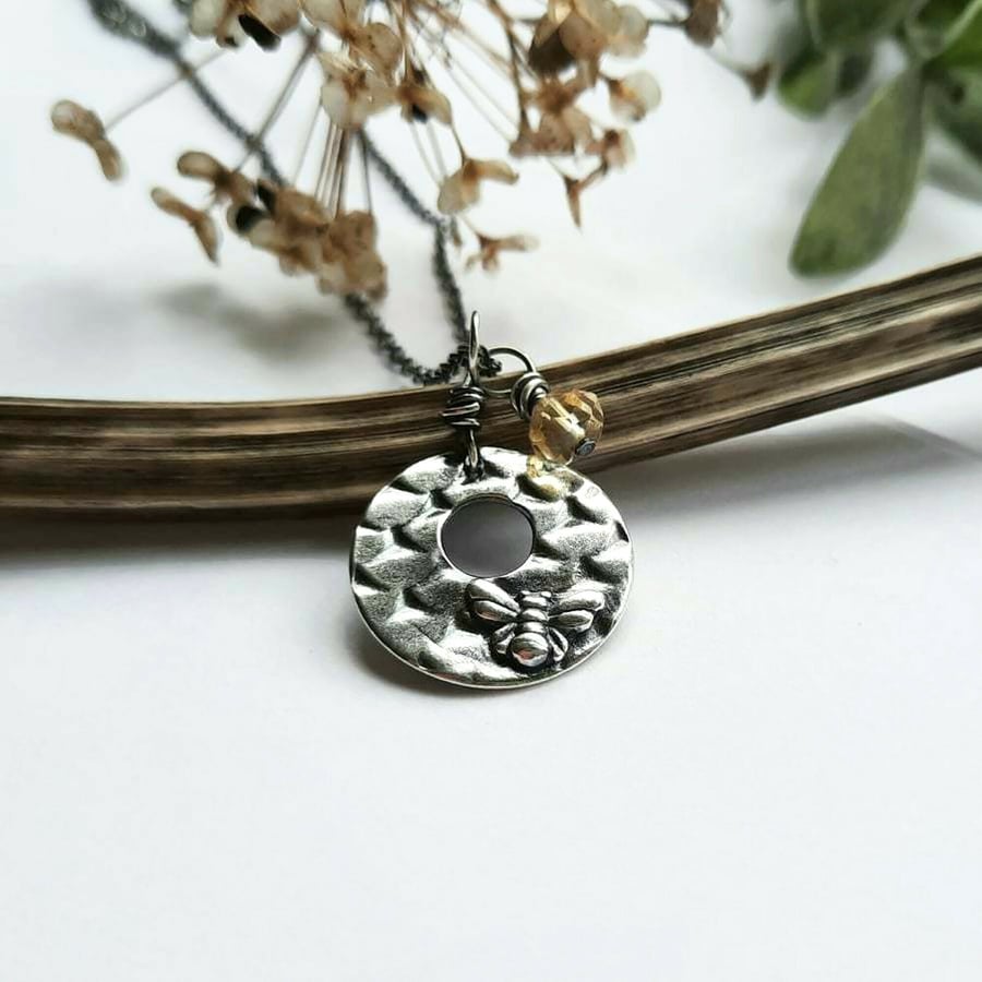 Fine Silver Bee Necklace with Citrine Gemstone Charm