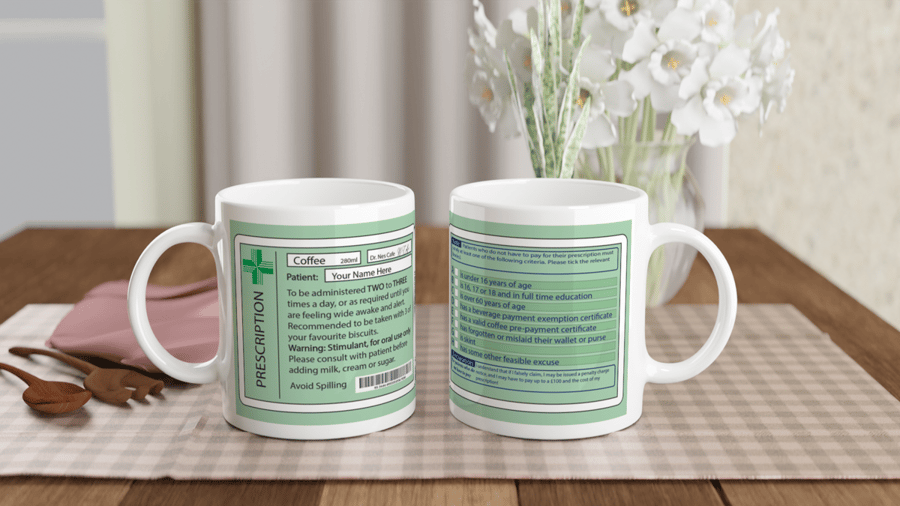 Joke ceramic coffee prescription mug and coaster. Gift for medical profession