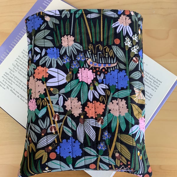 Flowers And Garden Creatures Fabric Quilted Book Sleeve - Hardback Size