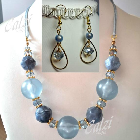 Blue Glass And Crystal Bead Necklace And Earrings