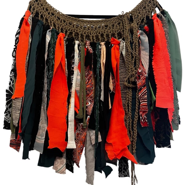 Halloween Goth Upcycled Crochet Fringe Belt Skirt Dark Fairy Fae Ren Faire Plus 