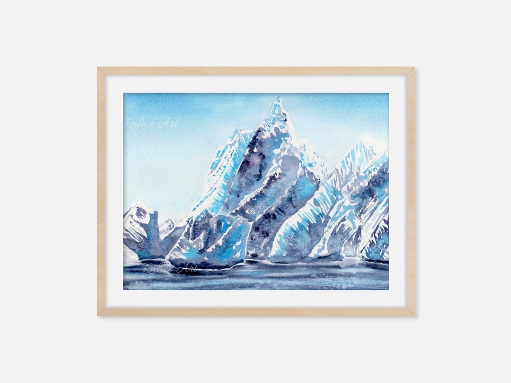 Cobalt Glacier Winter Art Print, Snowy Landscape Painting, Watercolor Wall Art