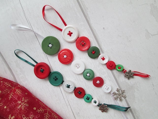Set of Three Festive Button Dangle Christmas Tree Decorations