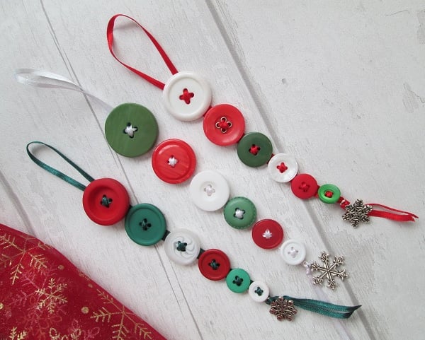 Set of Three Festive Button Dangle Christmas Tree Decorations