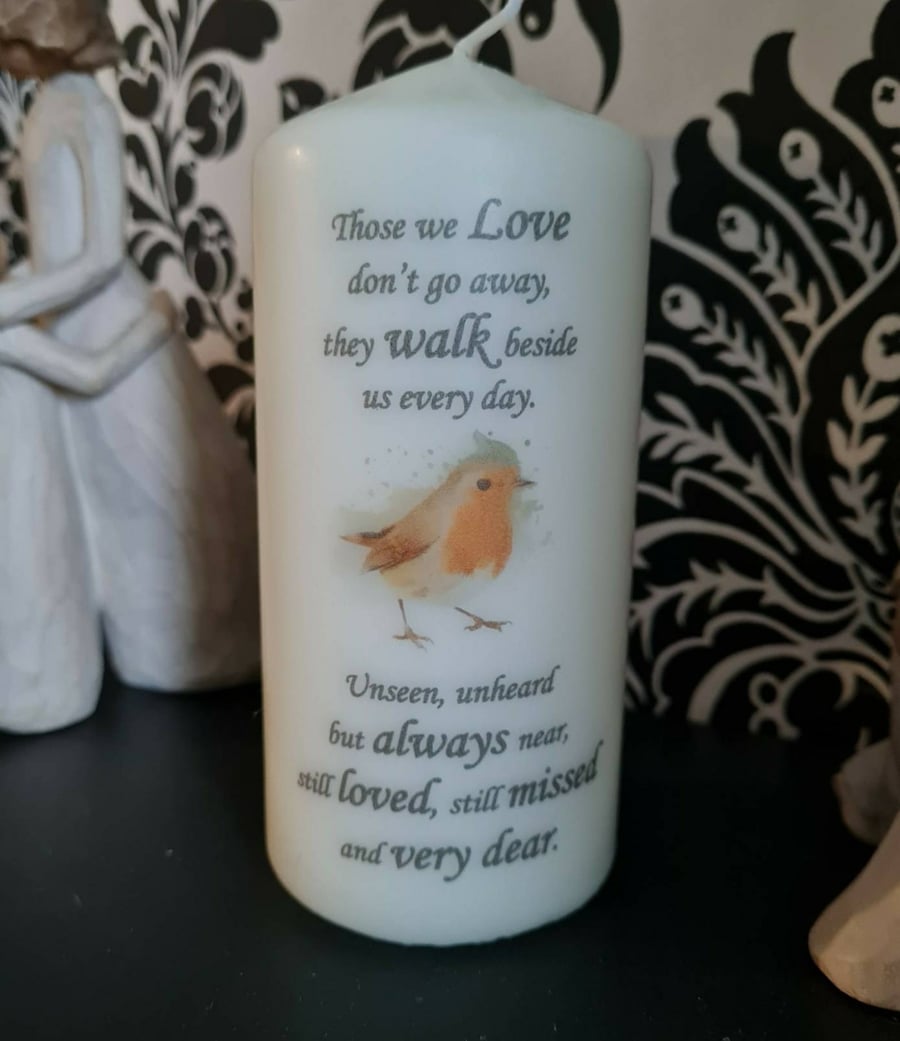 Those We Love Don't Go Away Robin Pillar Candle - In Memory - Memorial