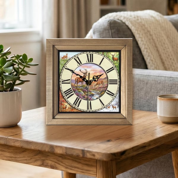 Vintage Style Highland Stag & Deer Scene Square Wooden Wall Clock Handmade 8x8" 