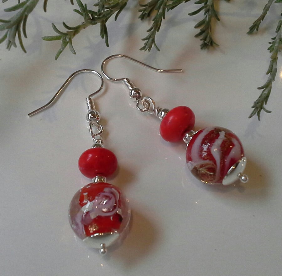 Genuine Vanitian Murano Glass & Howlite Earrings Silver Plated 