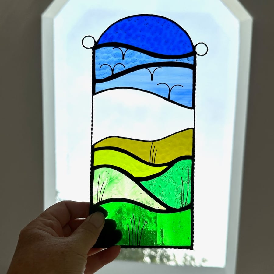 Stained Glass Meadow Scene Suncatcher - Handmade Window Hanging Decoration 