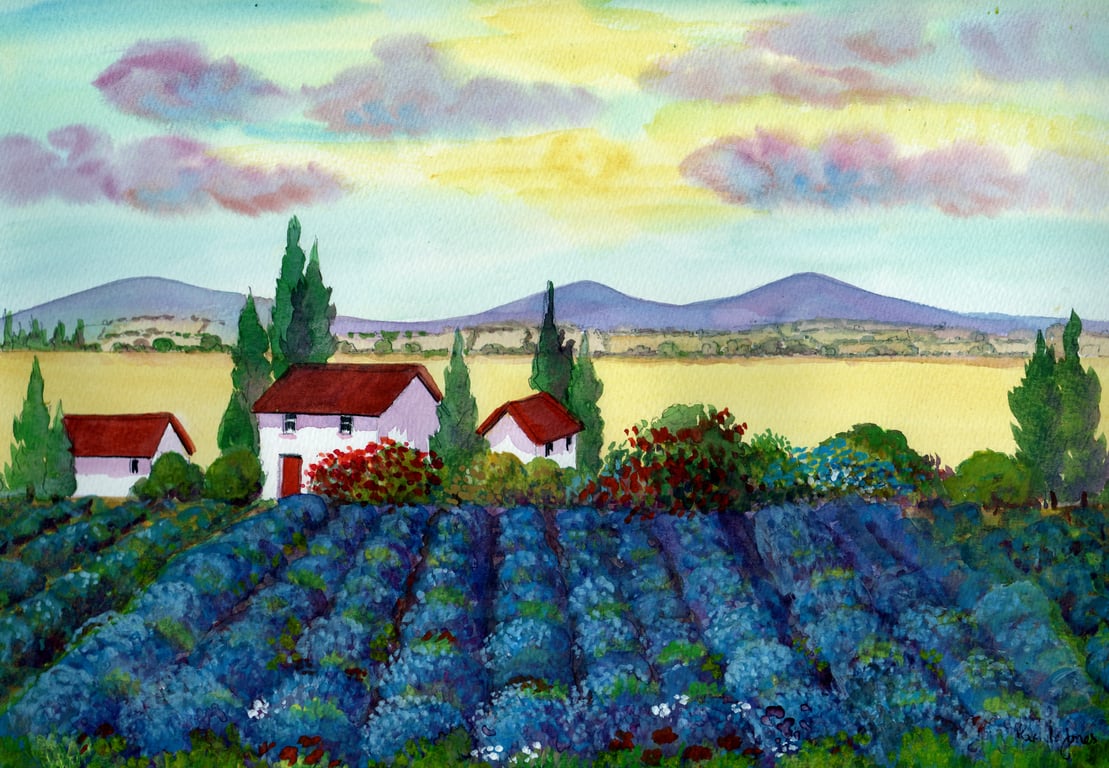 Lavender Field Painting, Provence, France, Watercolour, in 20 x 16 ' Mount 