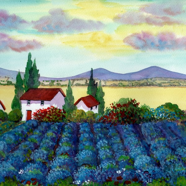 Lavender Field Painting, Provence, France, Watercolour, in 20 x 16 ' Mount 