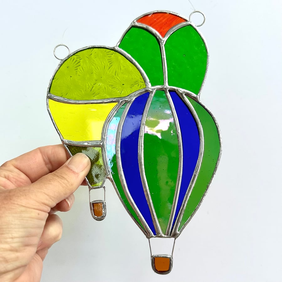 Stained Glass Hot Air Balloons Suncatcher - Handmade Decoration - Green