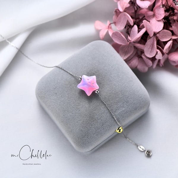 Large Pink Star 3D Fire Opal Bracelet with 925 Sterling Silver Chain
