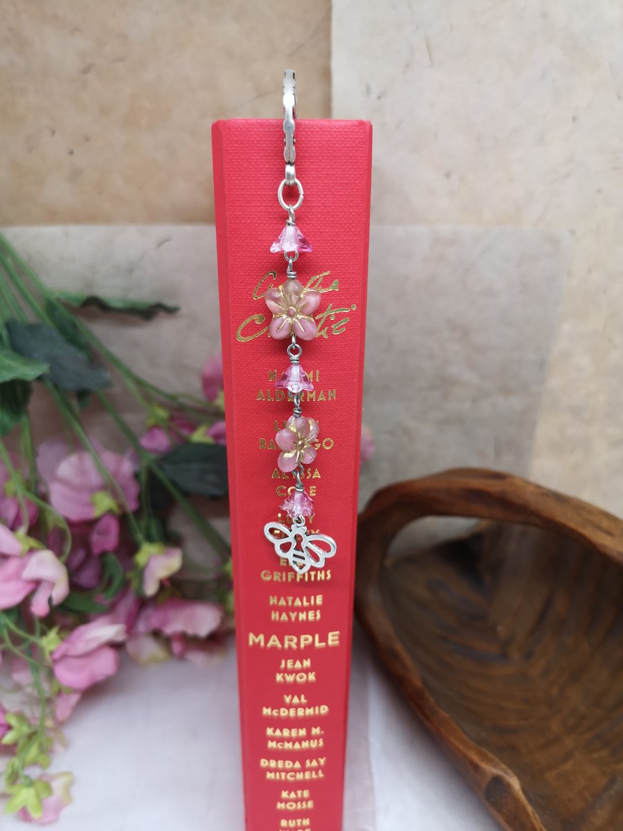 Bookmark with pink flower beads and bee charm