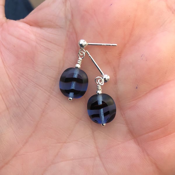 Blue & black glass drop post earrings. Sterling silver 