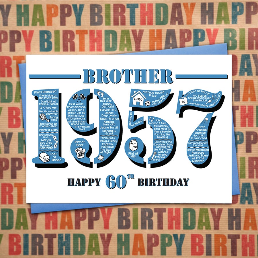 Happy 60th Birthday Brother Year of Birth Greetings Card - Born in 1957 - Facts