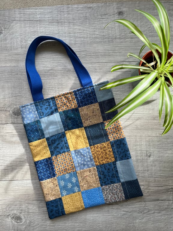 Blue Patchwork and Quilted Lined Tote Bag 