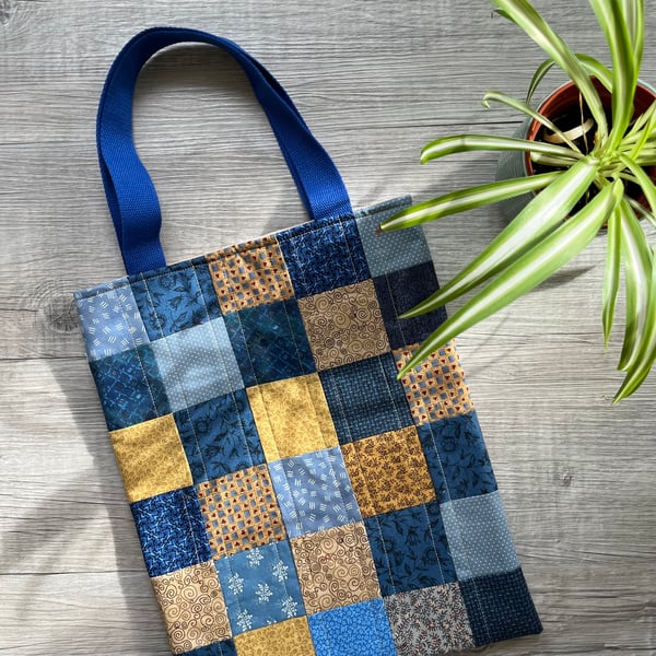 Blue Patchwork and Quilted Lined Tote Bag 