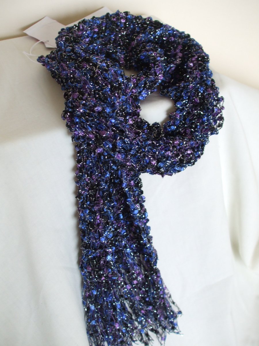 Hand Knitted Ladder Yarn Scarf in Blue,Purple,B... Folksy