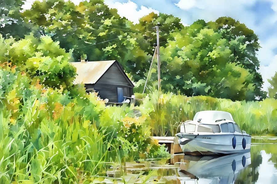 River View Boat & Boat House Norfolk Fen A5 Greeting Card 