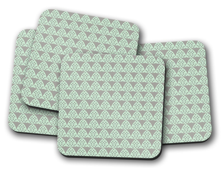 Set of 4 Geometric Grey with Mint Green Design Coasters, Drinks Mat