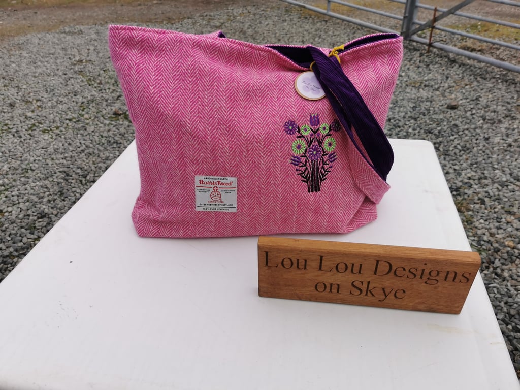 Extra large Harris Tweed shopper with embroidered Flowers 