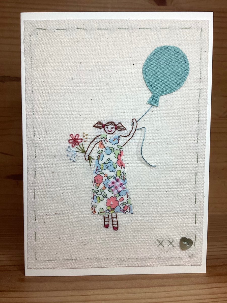 Girl in a Liberty dress hand embroidered card