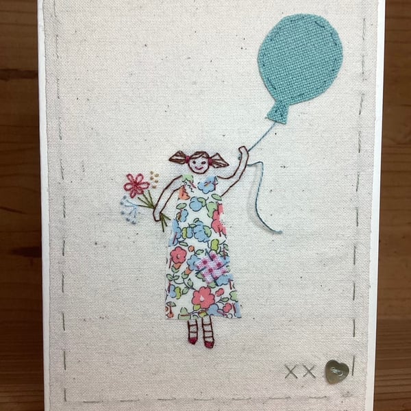 Girl in a Liberty dress hand embroidered card