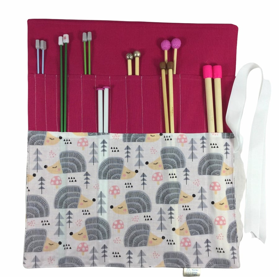 Straight knitting needle case with hedgehogs ,woodland animals needle roll, knit
