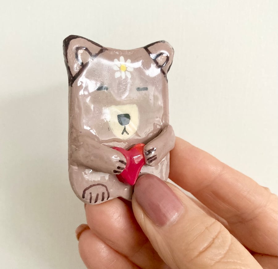 Love You Bear Brooch Pin Bear With Heart Handmade Clay Jewellery  Gift