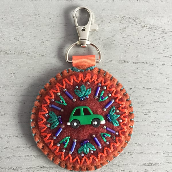 Hand Embroidered Car Keyring or Bag Charm or Car Charm 