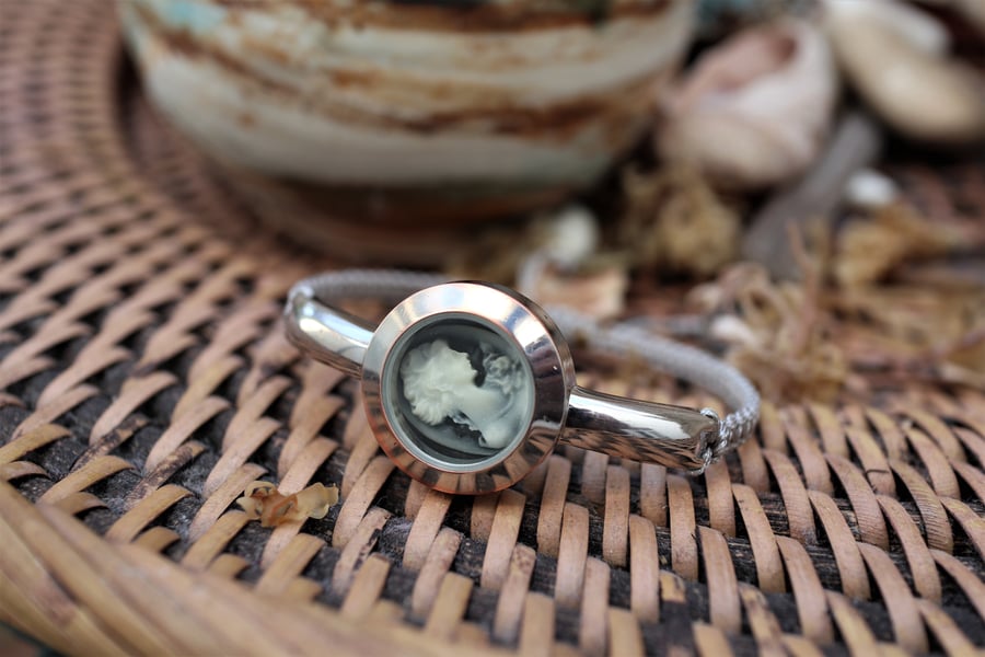 Up-cycled ladies wrist watch featured a cameo adjustable handmade bracelet