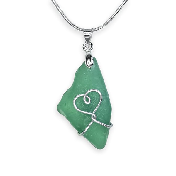 Sea Glass Pendant - Green Beach Glass - Silver Handmade Heart Necklace Jewellery