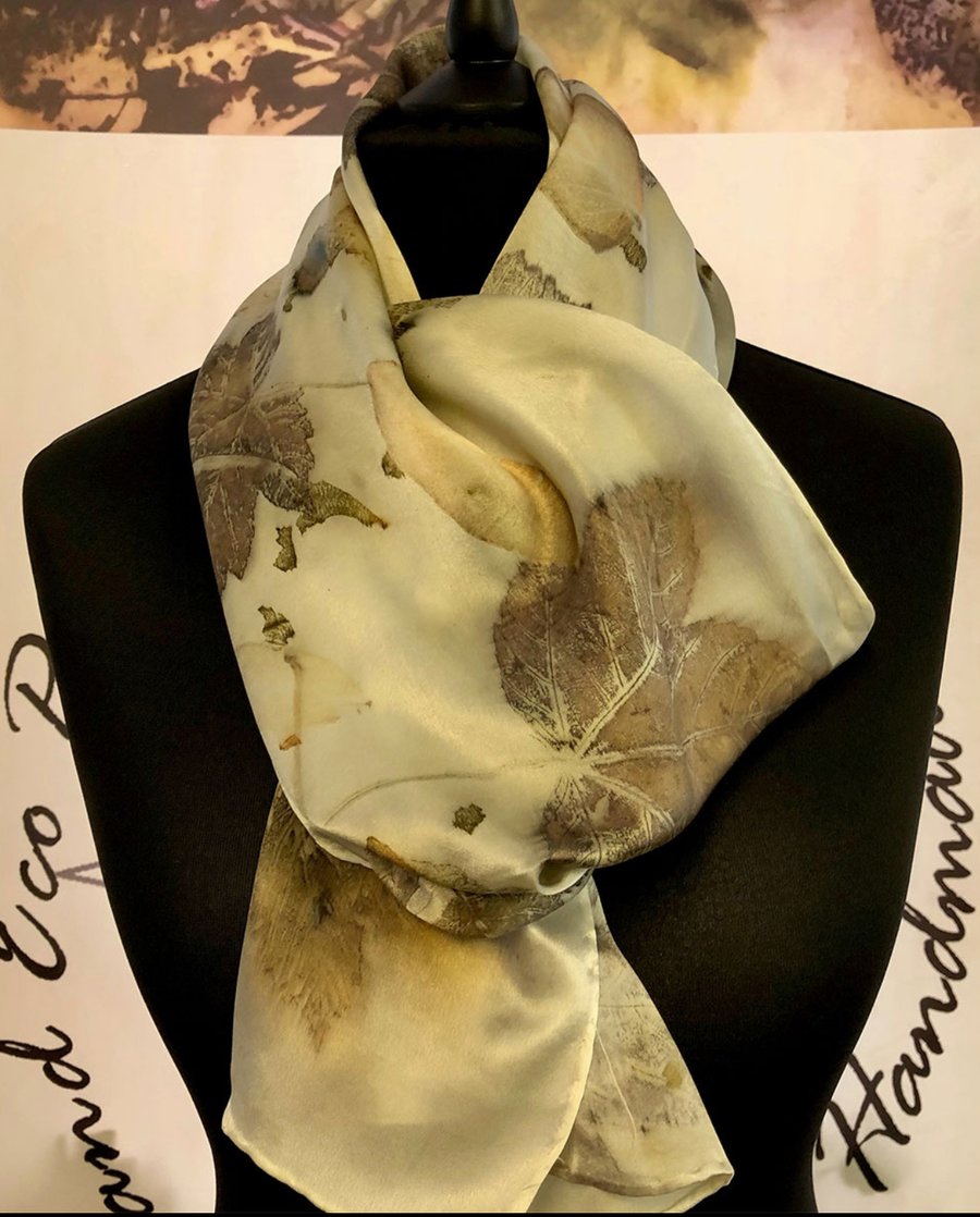 Eco printed silk satin scarf 