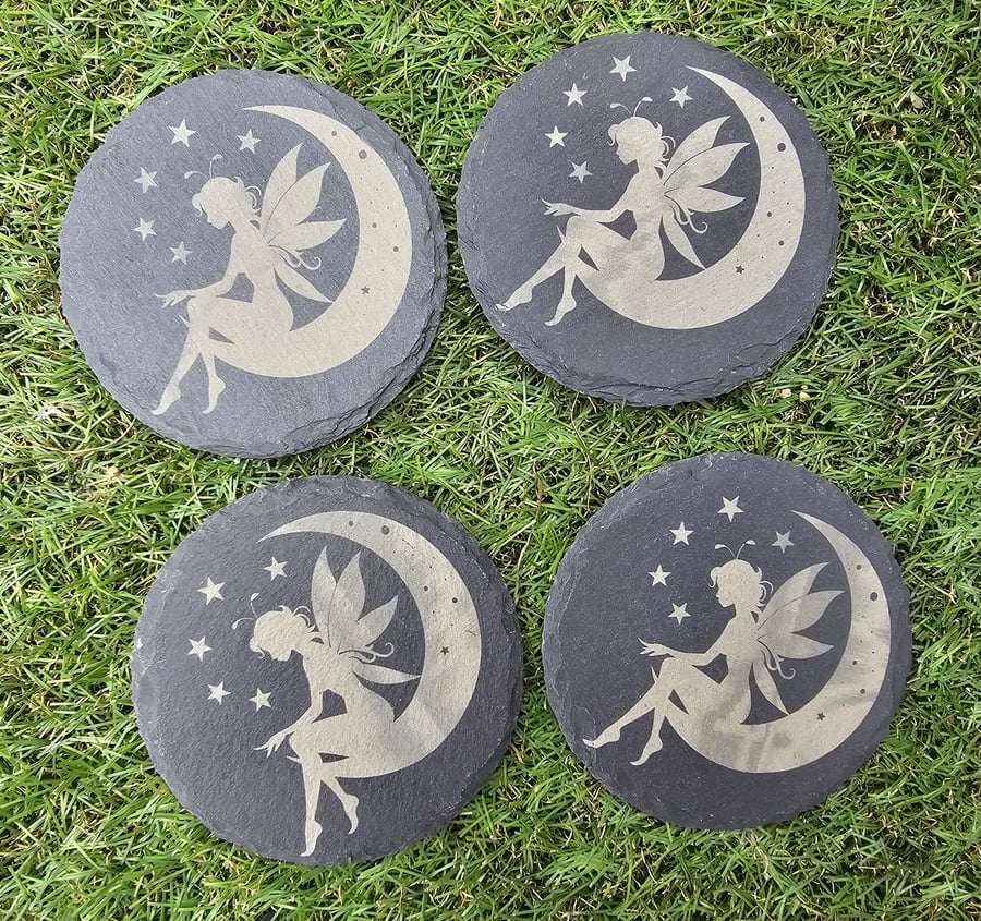 Celestial Fairy Black Slate Unique Coaster Laser Burn Design