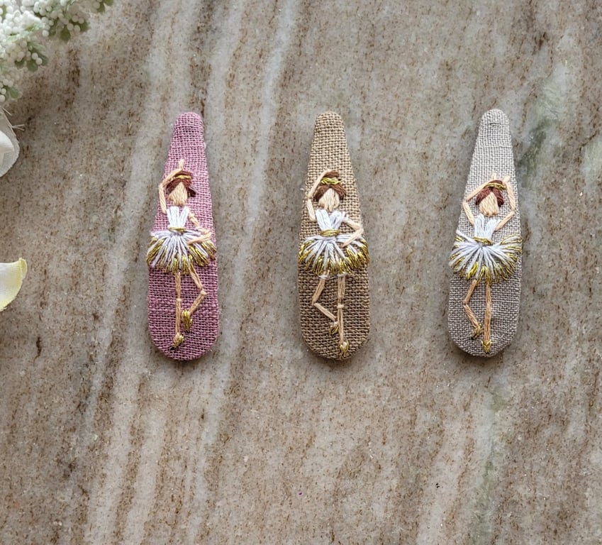 Hand embroidered pure linen hair clips, ballerina,  gift for girl, ballet dancer