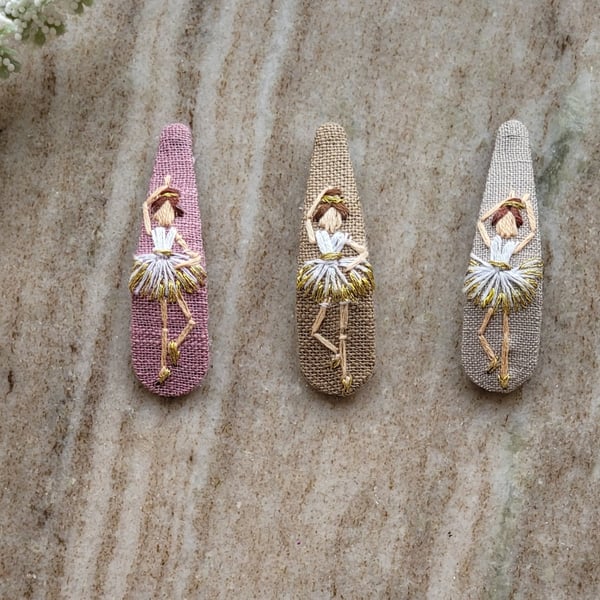 Hand embroidered pure linen hair clips, ballerina,  gift for girl, ballet dancer