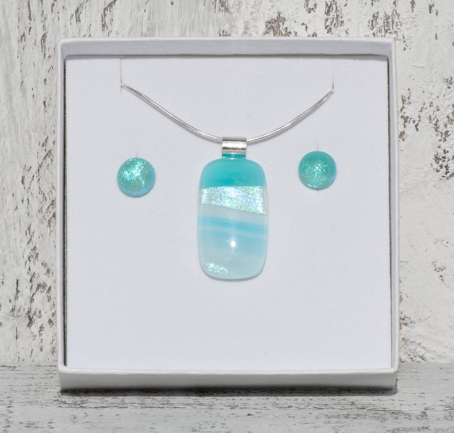 Fused Glass Necklace and Earrings Set in Soft Teal with Dichroic Detail