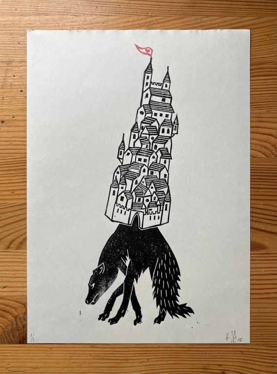 The Weight and the Balance, fairy tale linocut print of a fox and a castle