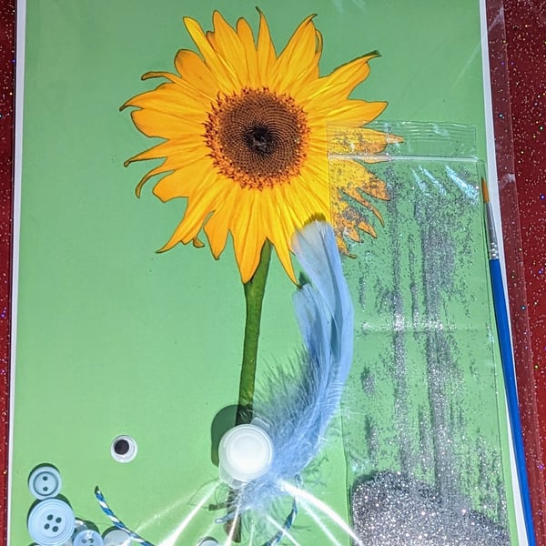 BLUE Sunflower Art Print Embellishing Craft Kit Feathers Glitter Buttons