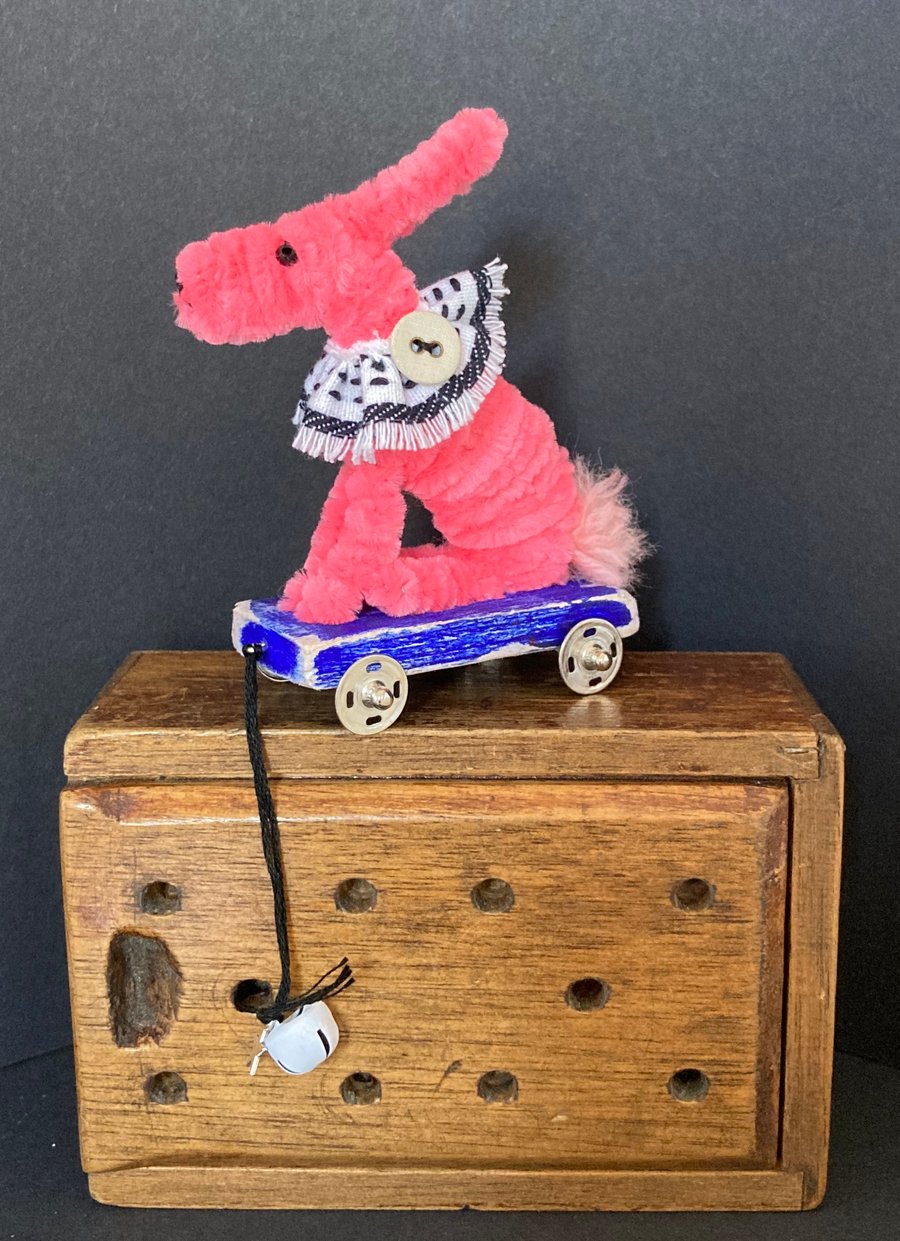Pink Bunny on Pull Along Trolley with Wheels