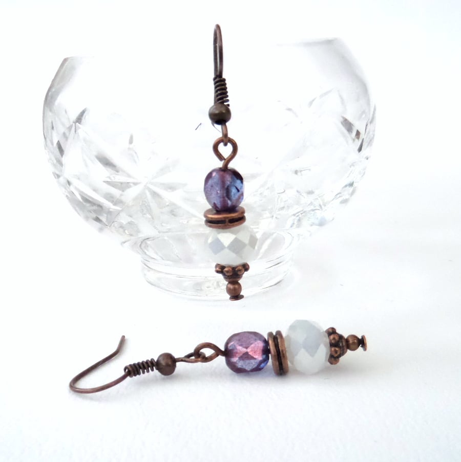 SALE: Handmade copper earrings with white and lilac crystal
