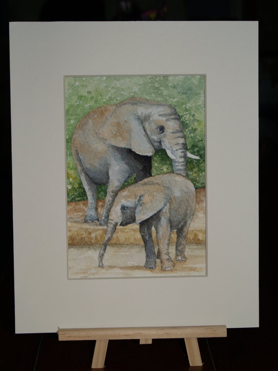 Original watercolour Mother and Baby Elephant