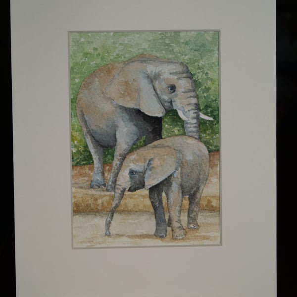 Original watercolour Mother and Baby Elephant