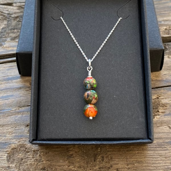 Rainbow Jasper & Sterling Silver Necklace. Beaded Pendant. 