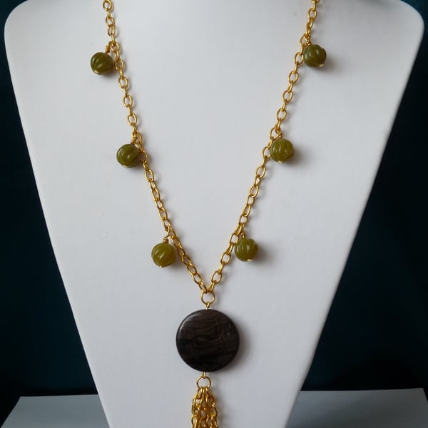 Green Chinese Jade & Coffee Jasper Long Necklace  - Handmade - Genuine Gemstone